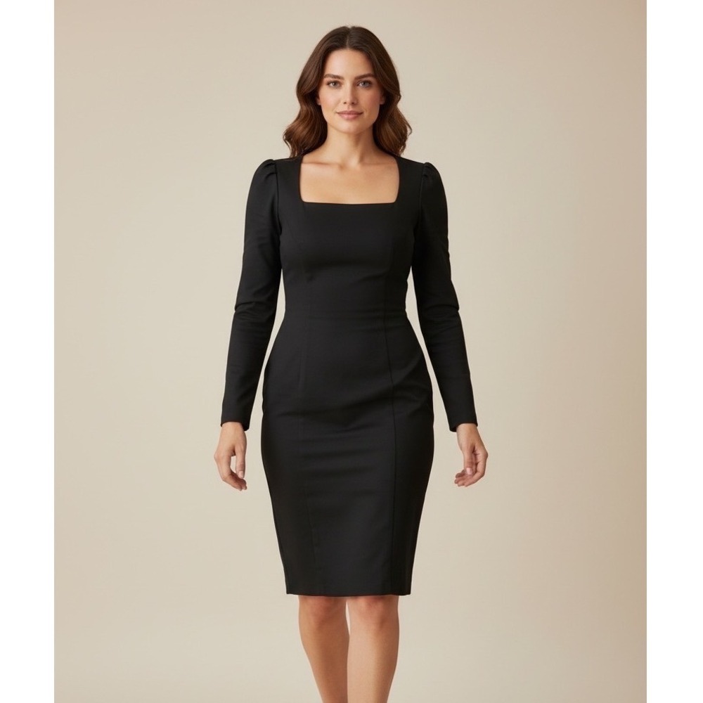 Rachel Parcell Womens Black Square Neck Puff Sleeve Ponte Sheath‎ Dress Size M